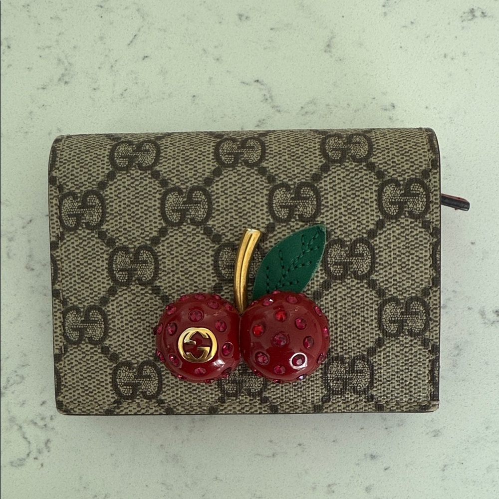 Gucci GG Supreme Beige Cherry Embellished Wallet Authentic